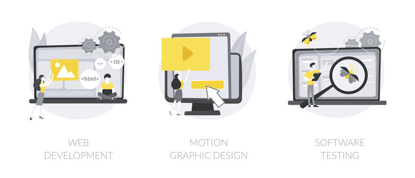 IT company service abstract concept vector illustration set. Web development, motion graphic design, software testing, application coding, UI and UX design, QA team, bug fixing abstract metaphor.