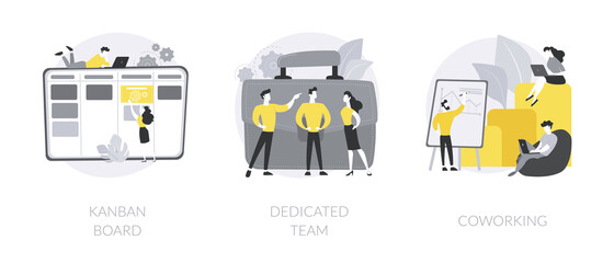 Project workflow abstract concept vector illustration set. Kanban board, dedicated team, coworking for freelancers, agile project management, scrum meeting, IT outsource abstract metaphor.