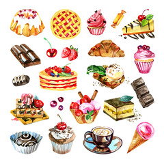 Set of watercolor sewwts. Hand drawn on textured paper. Retro style. Watercolor illustration.