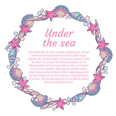Sea Elements Composition. Border frame with space for text. Group of sea shells. Background with seashells. Watercolor composition. Illustration.