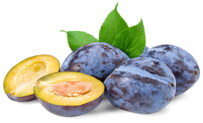 fresh plum fruit with green leaf and cut plum slices isolated on white background. Clipping path