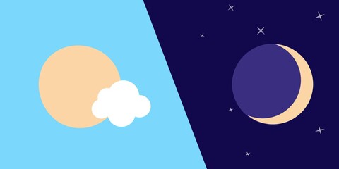 Day with clouds and night with stars concept. Dark and bright modes. Vector illustration