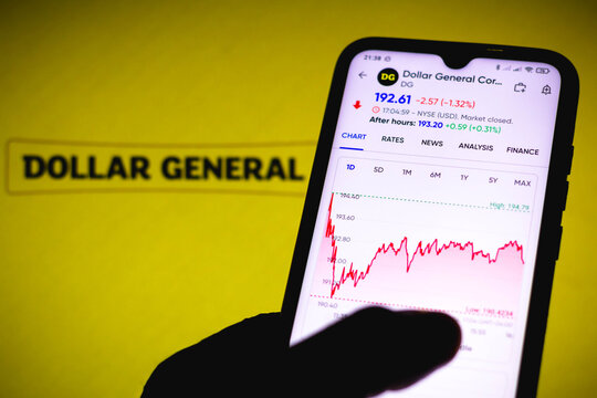 March 1, 2021, Brazil. In this photo illustration the stock market information of Dollar General Corporation seen displayed on a smartphone with Dollar General Corporation logo in the background.