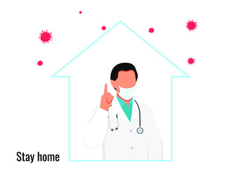 Obraz premium A doctor in uniform with a stethoscope with a raised finger warns to stay home. Vector illustration, eps 10