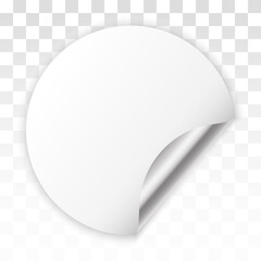 Vector round paper sticker template with bent edge. Isolated on transparent background. . Vector illustration