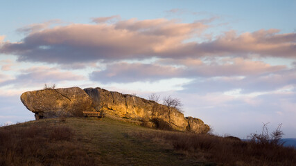 Rock called Hölzlstein in Burgenland at sunrise
