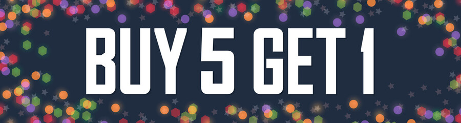 Buy 5 Get 1 Free, sale web banner design template, discount horizontal poster, vector illustration