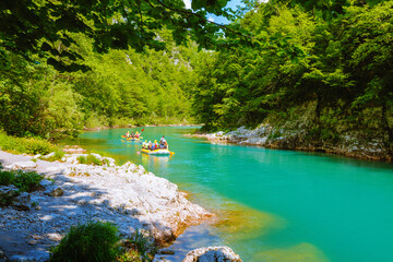 Rafting at mountain river Tara. Location place Durmitor National park, Montenegro, Europe.
