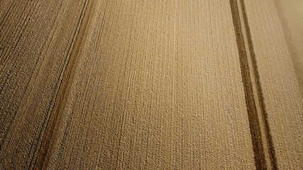 Arial drone view of freshly plowed field ready for seeding and planting in spring.  Farmland. Empty plowed farm land prepared for the new crop. Agriculture. Brown black soil near village.