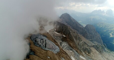 The Marmolada glacier in summer: Aerial view of the last and the only glacier of the Dolomites,...