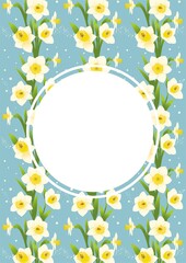 White circle frame on a background of flowers daffodils