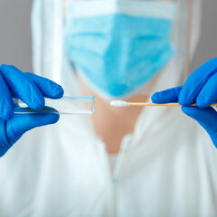 Covid 19 pcr test in nurse hands. Doctor in protective suit medical mask gloves holding Swab saliva sample for diagnostic covid19 coronavirus virus in lab. Nasopharyngeal culture pcr test.