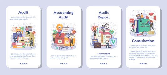 Auditor mobile application banner set. Business operation research