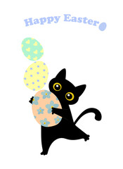 Postcard with black cute cat holding a painted egg on a lilac background
 Happy easter. For printing on decorative pillows, brochures, leaflets, cups, kitchen textiles. 