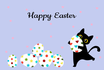 Postcard with black cute cat holding a painted egg on a lilac background
 Happy easter. For printing on decorative pillows, brochures, leaflets, cups, kitchen textiles. 