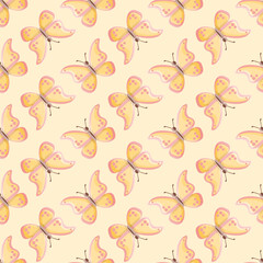 Vector cute butterfly pattern seamless. Flying bugs illustration background.