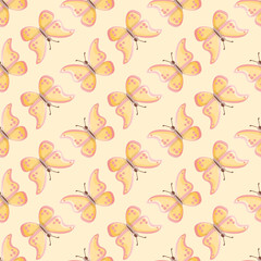 Vector cute butterfly pattern seamless. Flying bugs illustration background.