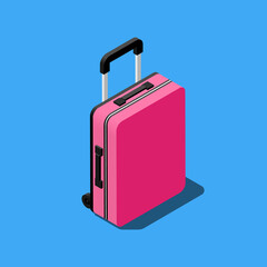 Pink girly travel suitcase with wheels isometric vector illustration isolated on blue background.