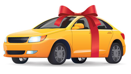 Yellow car with a red ribbon. Car birthday gift, surprise.