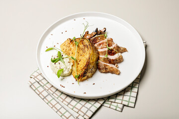 Duck breast with cabbage steak with cheese sauce. Delicious restaurant dish on a round plate on a checkered napkin. Poultry recipes