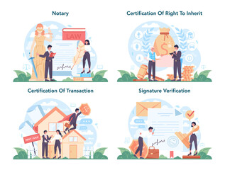 Notary service concept set. Professional lawyer signing and legalizing paper
