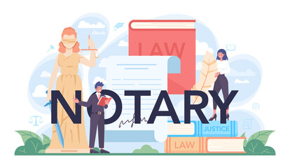 Notary typographic header. Professional lawyer signing and legalizing paper