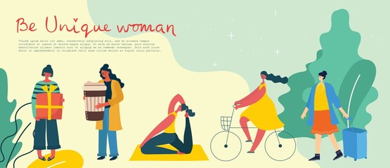 International women's day.Diverse international and interracial group of standing women. For girls power concept, feminine and feminism ideas. Vector illustration.