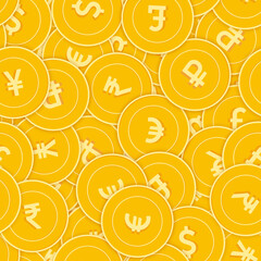 International currencies coins seamless pattern. Appealing scattered Global coins. Big win or succes