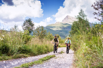 Fototapeta na wymiar Family with small children cycling outdoors in summer nature, High Tatras in Slovakia.