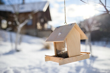Wooden bird feeder with seeds handging from tree in winter garden.