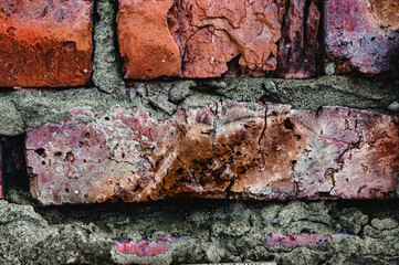Grungy texture. Handmade red brick close-up, Background old surface, vintage cracked wall.