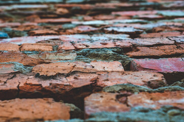 Texture from old red brick mesh, vintage surface, bottom up view
