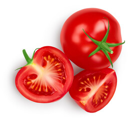 Tomato with slices isolated on white background. Clipping path and full depth of field. Top view. Flat lay