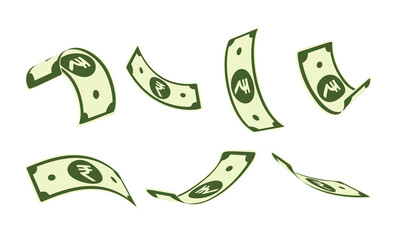 Indian rupee falling set, animation ready. INR paper notes flying in the air. India money in seven d