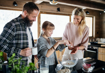 Family with small daughter cooking indoors, winter holiday in private apartment.