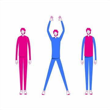 Set of men doing physical exercise. Fitness and healthy lifestyle. Straching pose by guy. Standing right in a sportsuit. Isolated vector illustration of male characters. 
