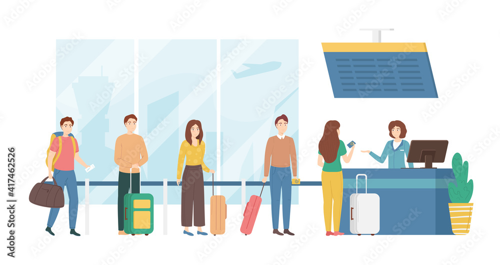 Poster Cartoon Color Characters People and Airport Check in Desk Concept. Vector