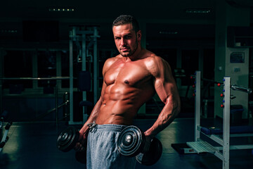 Fototapeta na wymiar Bodybuilder in gym. Training and workouts. Dumbbells exercises. Sportsman with naked torso. Sporty workout. Athletic body.