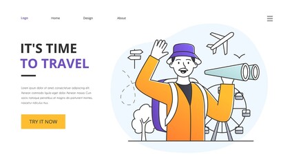 Its Time To Travel website design template with a happy waving tourist with backpack holding binoculars and ferris wheel landmark, colored vector illustration. Website, web page, landing page template