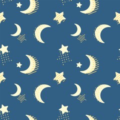 Obraz na płótnie Canvas Seamless pattern with the image of stars and the moon with an ornament. Design for textiles, paper and decor.