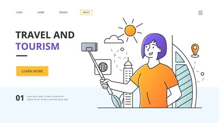 Travel and Tourism concept with tourist taking a selfie against a backdrop of famous landmarks in a website template, colored flat outline vector illustration. Website, web page, landing page template