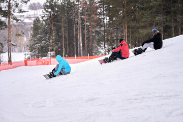 Fototapeta na wymiar Three snowboarders sit on a snow-covered slope against a background of pine trees.
