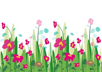 Spring background with grass and flowers with petals in the wind