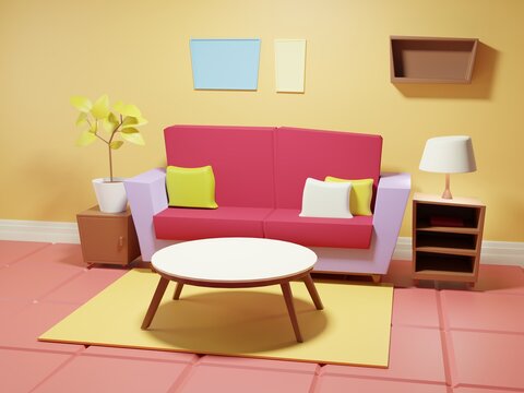 Cartoon living room. 3d rendering illustration.