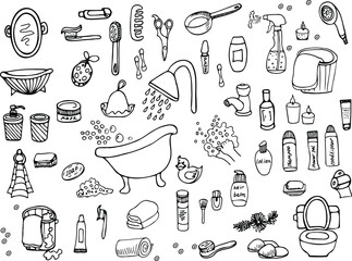 A set of items for the bathroom and bath. Vector doodles drawn by hand. Isolated black and white illustrations. Shower, bath, spa, personal, body and hair care, hygiene products, cosmetics, towels