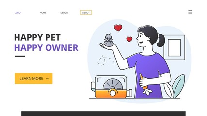 Fototapeta na wymiar Happy pet owner playing with her small hamster out of its cage with love hearts in a website template, colored vector illustration. Website, web page, landing page template