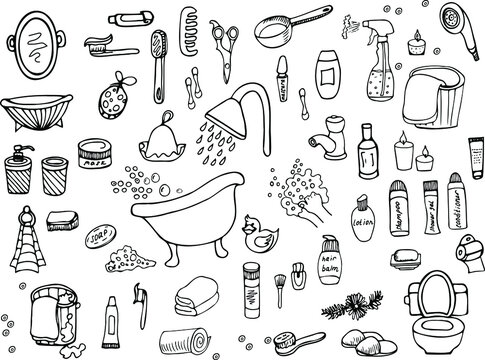 A Set Of Items For The Bathroom And Bath. Vector Doodles Drawn By Hand. Isolated Black And White Illustrations. Shower, Bath, Spa, Personal, Body And Hair Care, Hygiene Products, Cosmetics, Towels