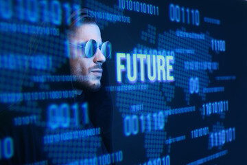 Beautiful stylish man on dark virtual reality background. Cryptocurrency, finance, future technology, innovative ideas concept. Futuristic holographic interface to display data.