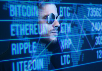 Beautiful stylish man on dark virtual reality background. Cryptocurrency, finance, future technology, innovative ideas concept. Futuristic holographic interface to display data.