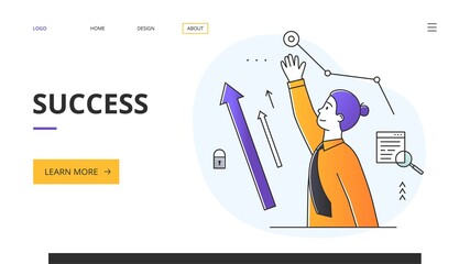 Success and Ambition in business or career concept with a modern young businessman raising his arm towards his elevated goals with upward arrow in a website template, colored vector illustration